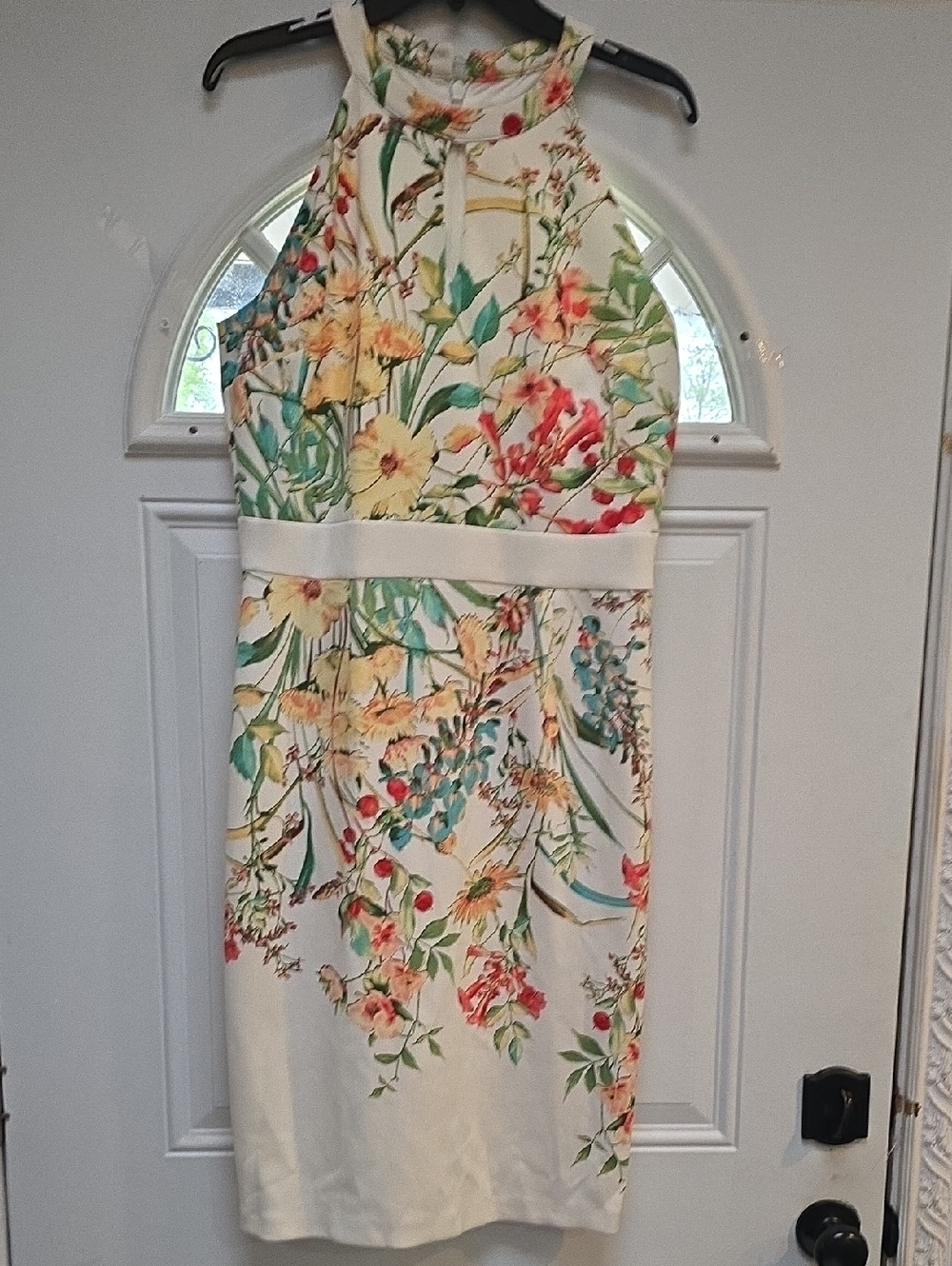 New York & Company Cream Floral Halter Sheath Midi Dress